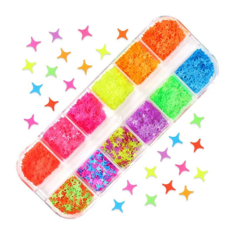 3333b 12 Grids Starry Manicure Design Decoration Holographic Star Nail Art Glitter Sequins for UV Gel Polish Nail Supplies Accessories.