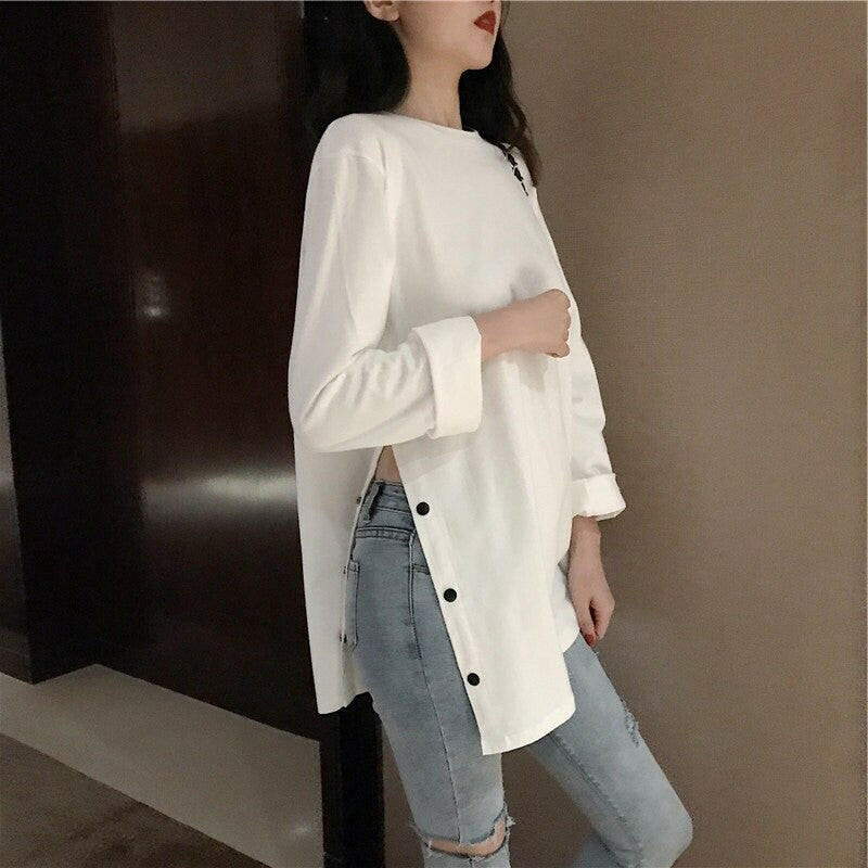 wtf 2022 spring Split Side Button White black Long Tshirt O-Neck Women shirts autumn Arrival Harajuku solid oversized T shirt tops.