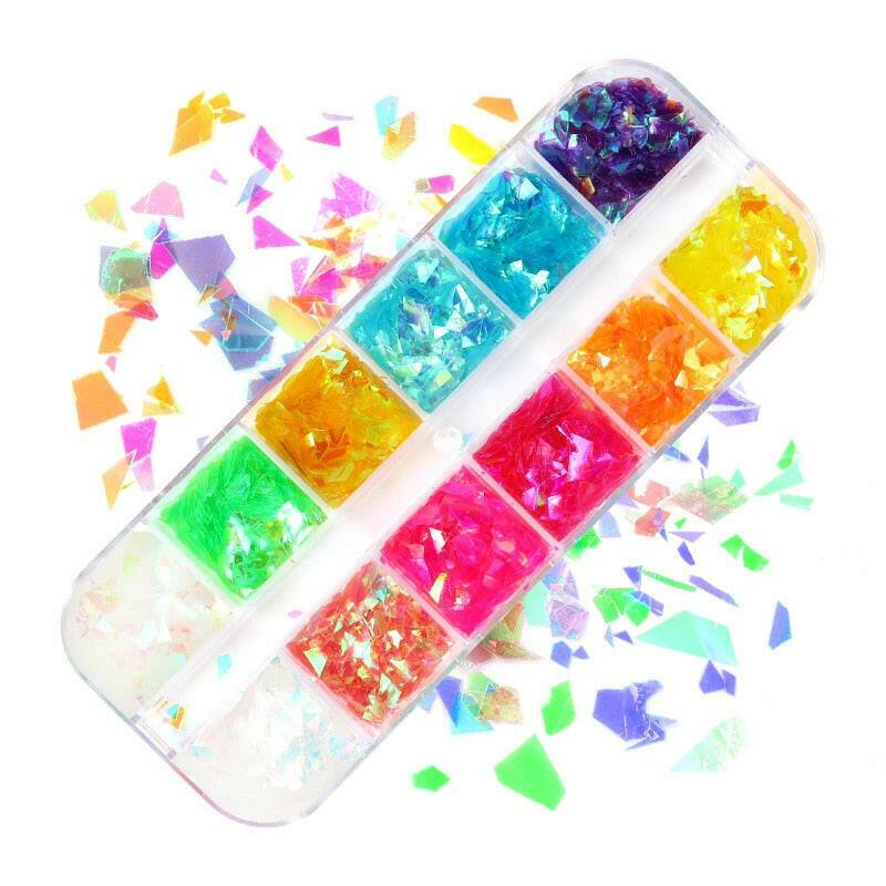 3333b 12 Grids Starry Manicure Design Decoration Holographic Star Nail Art Glitter Sequins for UV Gel Polish Nail Supplies Accessories.