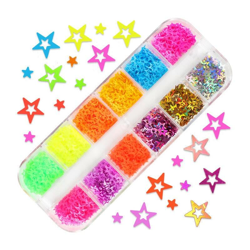 3333b 12 Grids Starry Manicure Design Decoration Holographic Star Nail Art Glitter Sequins for UV Gel Polish Nail Supplies Accessories.