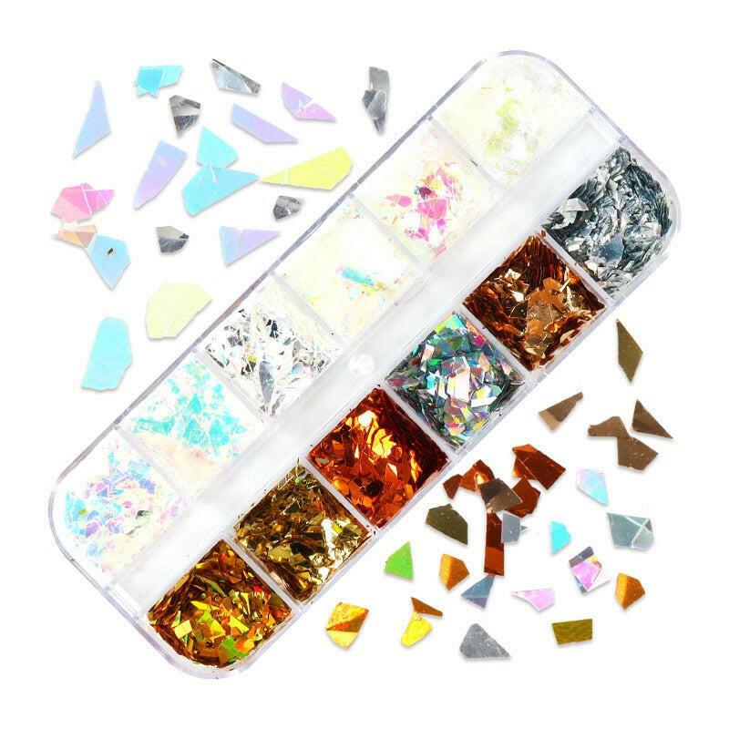 wtf 12 Grids Starry Manicure Design Decoration Holographic Star Nail Art Glitter Sequins for UV Gel Polish Nail Supplies Accessories.