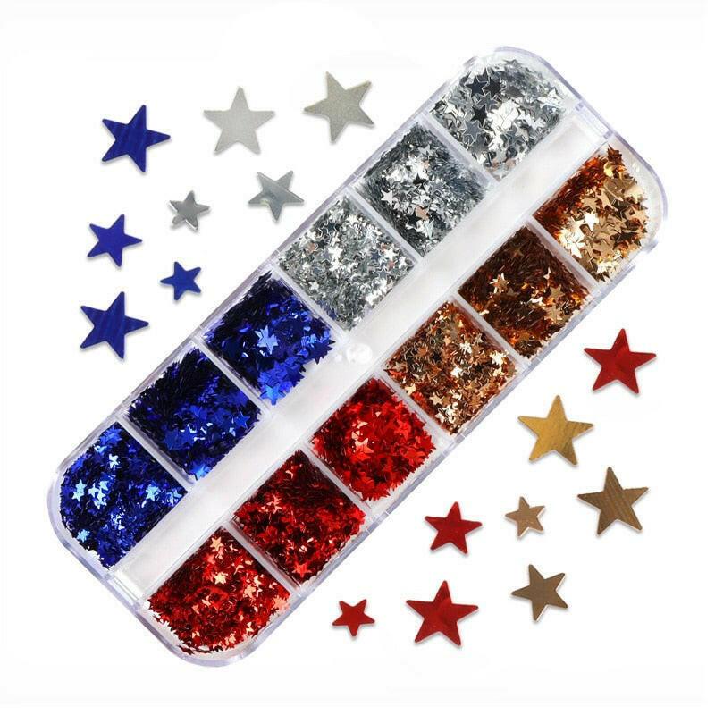 3333b 12 Grids Starry Manicure Design Decoration Holographic Star Nail Art Glitter Sequins for UV Gel Polish Nail Supplies Accessories.