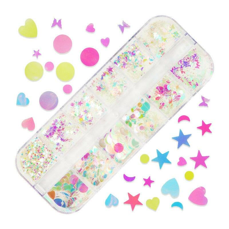 3333b 12 Grids Starry Manicure Design Decoration Holographic Star Nail Art Glitter Sequins for UV Gel Polish Nail Supplies Accessories.