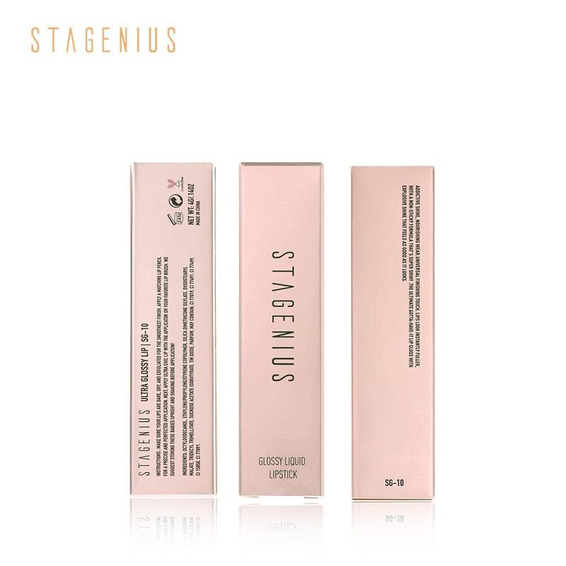 Dev2-Aff STAGENIUS waterproof lip gloss with shimmer and glitter in 8 shades, featuring mirror glass finish and long-lasting formula.