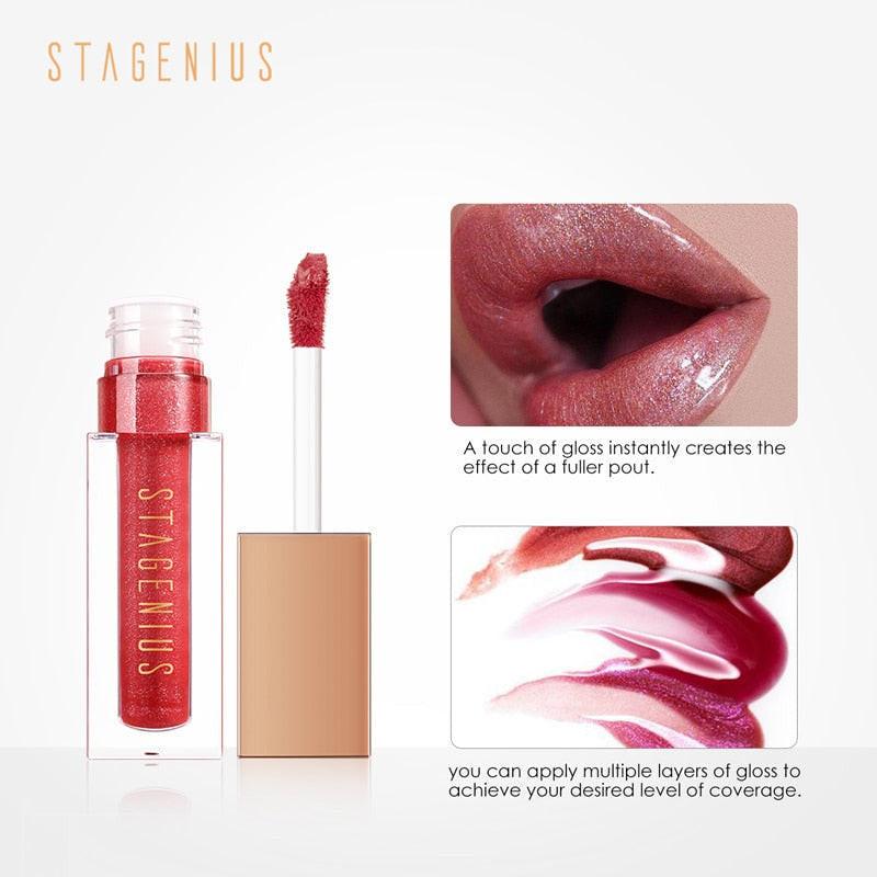Dev2-Aff STAGENIUS waterproof lipgloss with shimmer and glitter, featuring 8 long-lasting shades in mirror glass packaging.