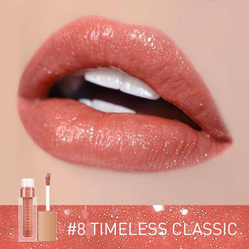 Dev2-aff STAGENIUS waterproof lip gloss with shimmer and glitter, featuring 8 long-lasting shades and mirror glass finish.