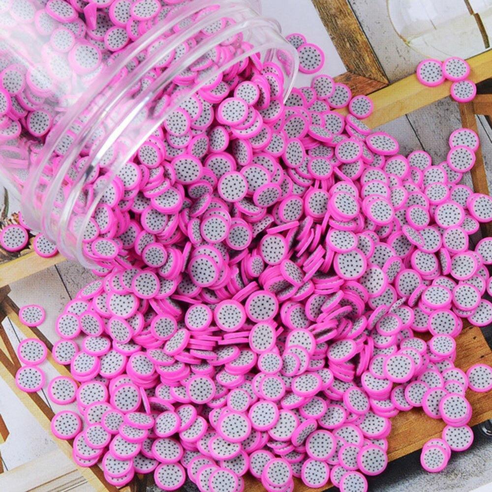 Assorted polymer clay fruit slices for nail art, 5mm diameter, mixed 23 types, in a bag for DIY nail decoration projects.