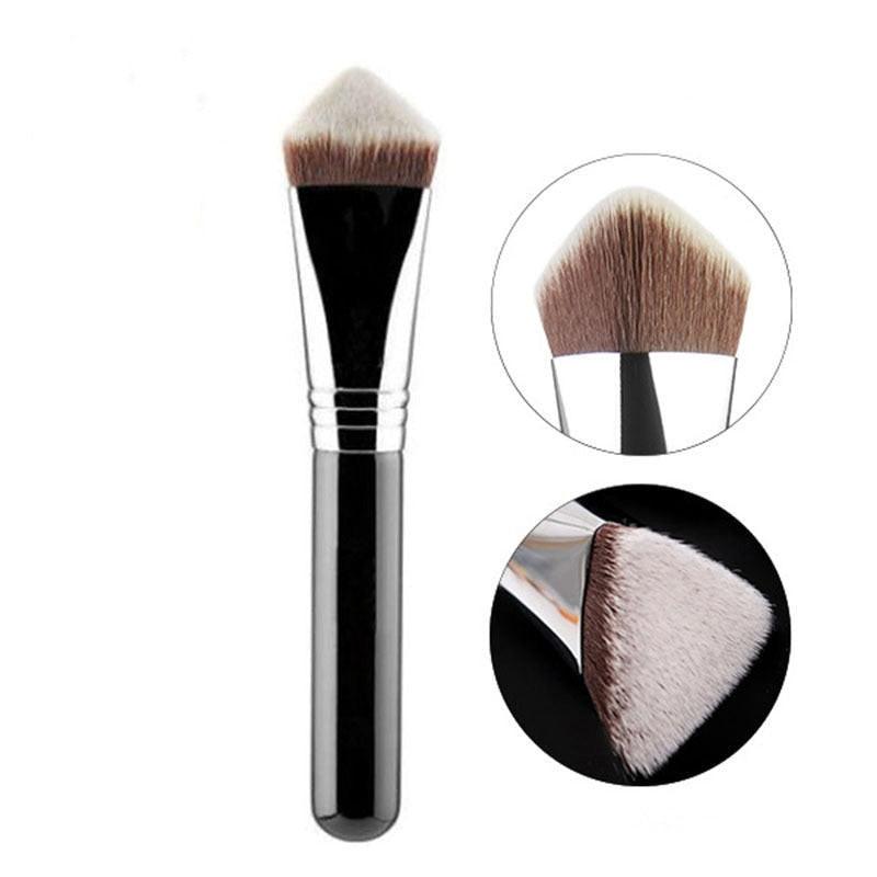 Close-up of a high-quality face makeup brush with a creative copper tube handle, designed for foundation application by dev2-aff.