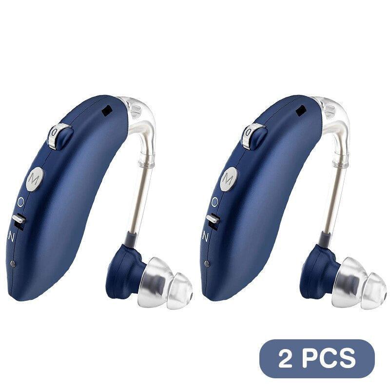 Digital hearing aid rechargeable device by dev2-aff, designed for elderly users, with sound amplification and headphone support.