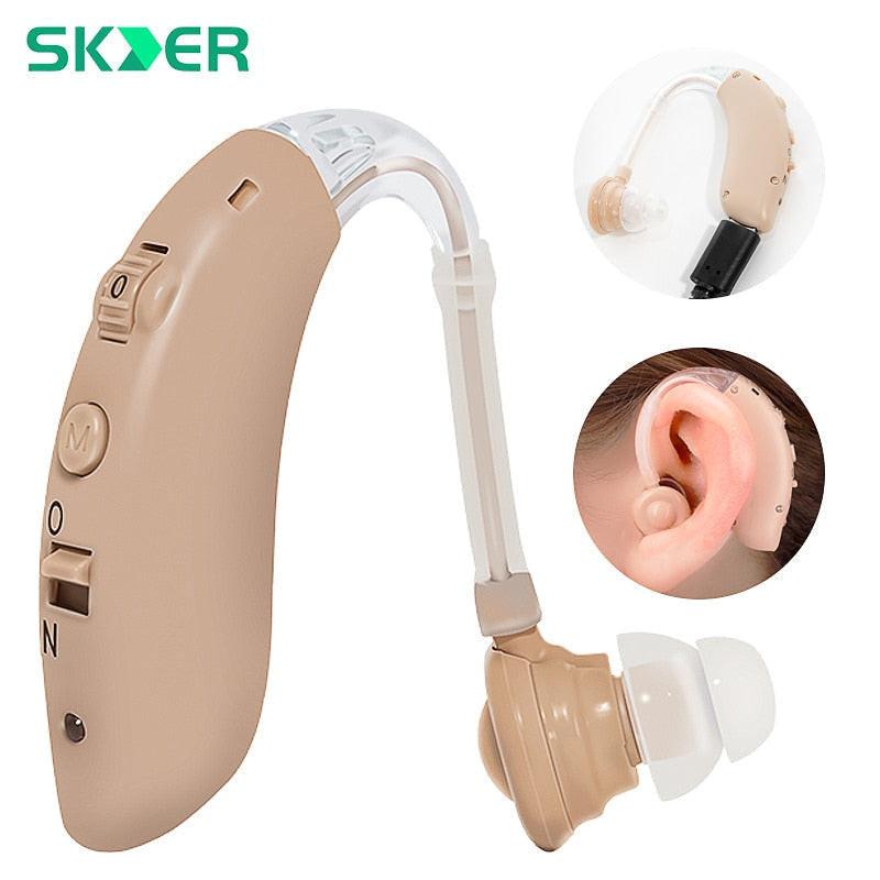 Dev2-aff rechargeable digital hearing aid device for elderly, sound amplifier with headphone support, designed for deafness assistance.
