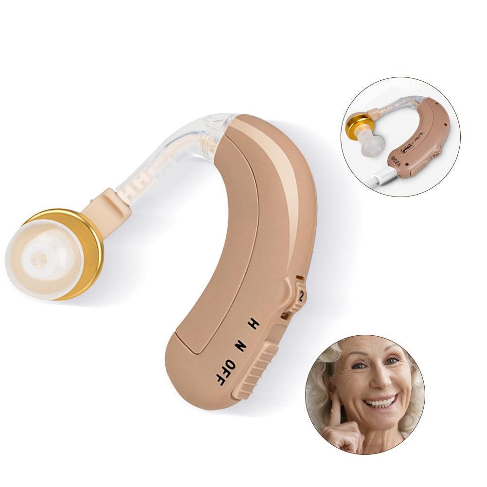 Digital rechargeable hearing aid by dev2-aff, designed for elderly users, with sound amplification and headphone support.