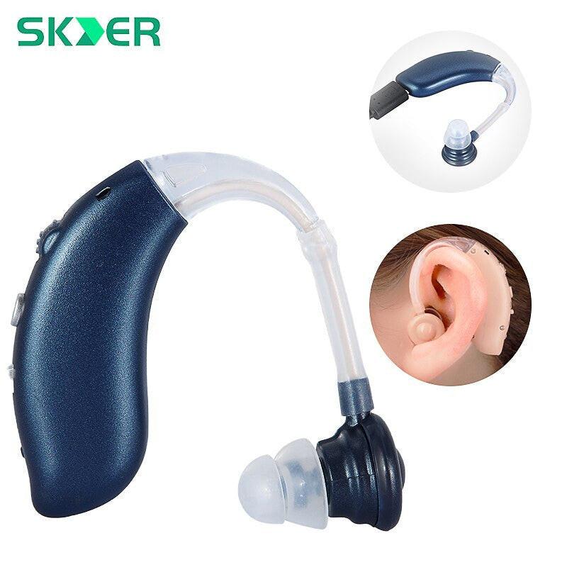 Digital rechargeable hearing aid device by dev2-aff, designed for elderly users, with sound amplification and headphone support.