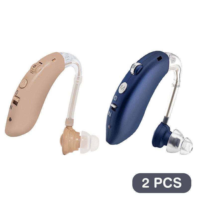 Dev2-aff rechargeable digital hearing aid for elderly, with sound amplifier and headphone support, designed for deafness assistance.