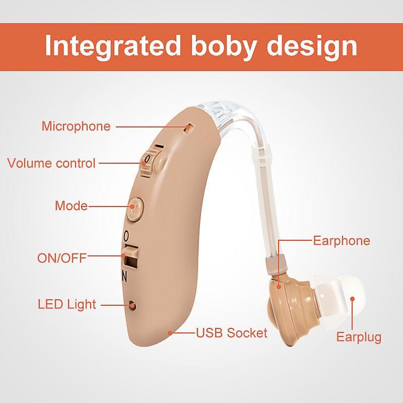 Digital rechargeable hearing aid device by dev2-aff, designed for elderly users to amplify sound and support hearing assistance.