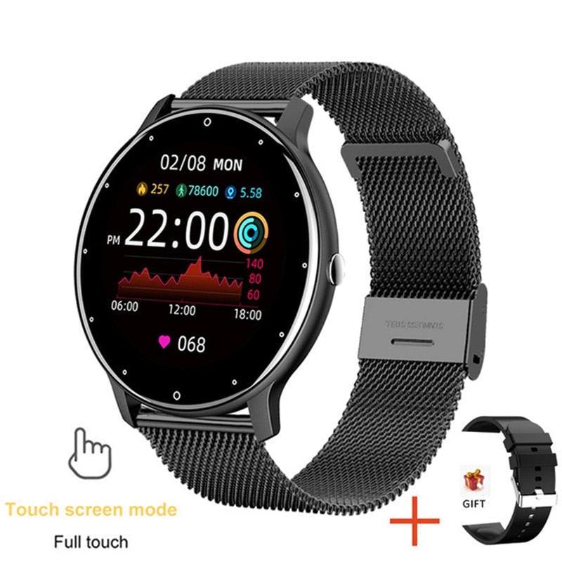 Black Dev2-Aff ZL02 smartwatch with Bluetooth, waterproof design, heart rate monitor, fitness tracker, and digital display for iPhone and Android.