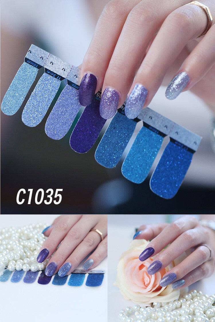 Colorful 14-tip self-adhesive nail art stickers by dev2-aff, perfect for trendy manicure full wrap decorations.