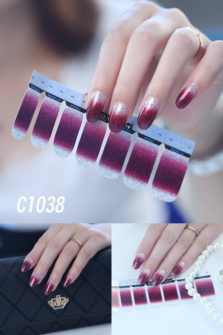 Colorful 14-tip self-adhesive nail art wraps by dev2-aff, showcasing vibrant nail polish stickers for full manicure decoration.
