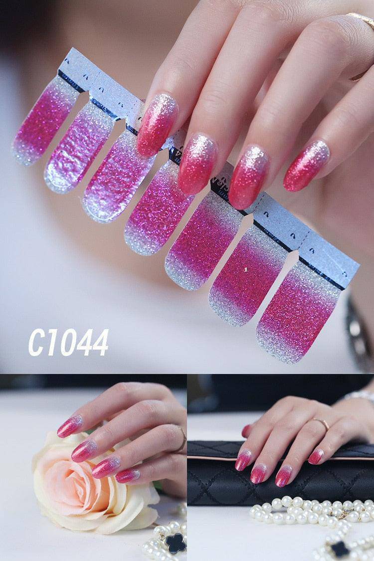 Colorful 14-tip self-adhesive nail art wraps by dev2-aff, featuring vibrant designs for stylish manicures and full nail decoration.
