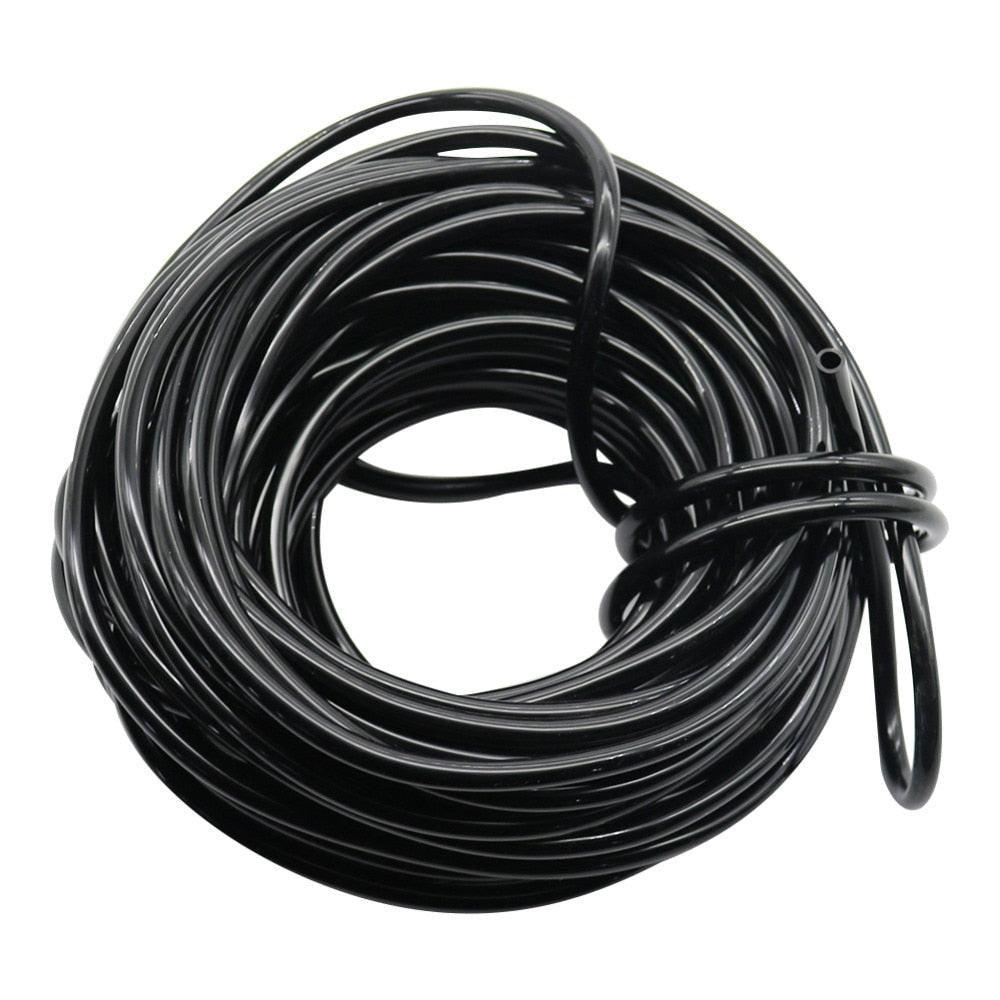 Black PVC garden drip irrigation hose by dev2-aff, available in 10m, 20m, and 40m lengths for water-saving irrigation systems.