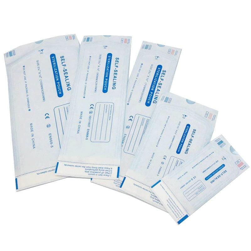 200-pack of self-sealing sterilization pouches for dental and medical use, made of paper and CPP/PET film by dev2-aff.