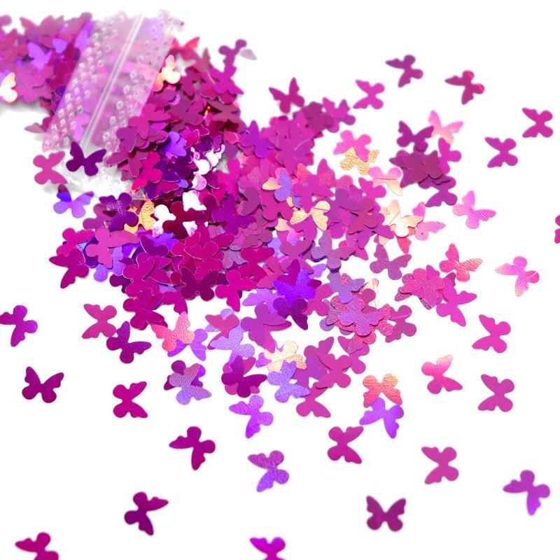 Holographic red butterfly nail art glitter sequins on 3D laser sheet, perfect for nail design decoration and manicure accessories.