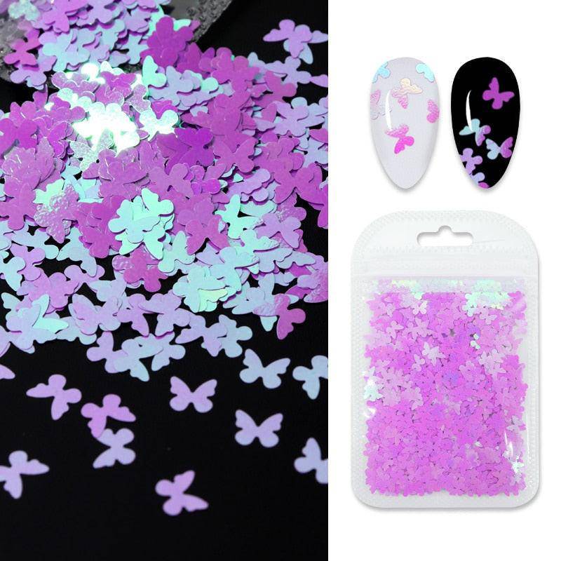 Holographic red butterfly nail art glitter sequins and 3D laser sheet for nail design by dev2-aff, decorative manicure accessories.