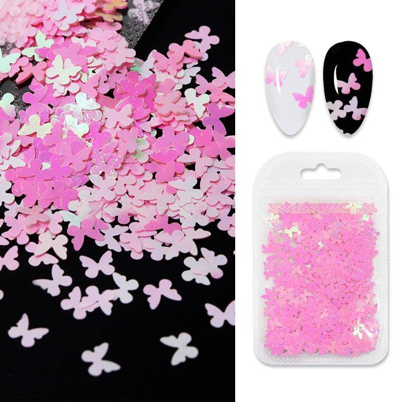 Holographic red butterfly nail art glitter sequins and 3D laser sheet for manicure decoration and nail design accessories.