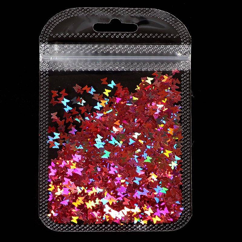 Holographic red butterfly nail art glitter sequins 3D laser sheet for manicure decoration and nail design accessories.