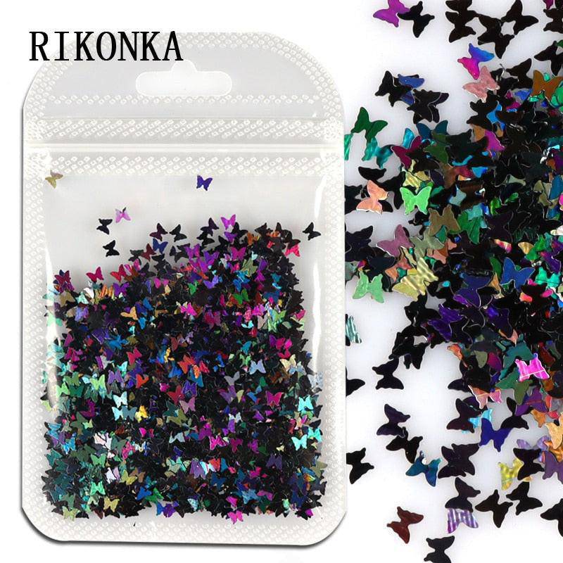 Holographic red butterfly nail art glitter sequins and 3D laser sheet for manicure decoration and nail design accessories.