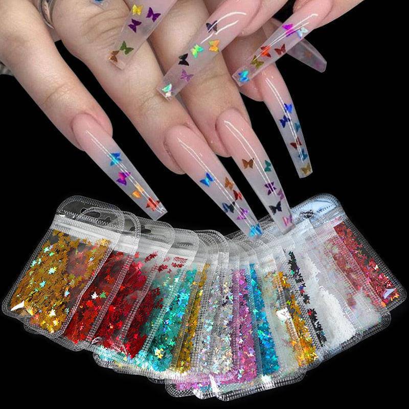 Holographic red butterfly nail art glitter sequins on 3D laser sheet for nail design decoration by dev2-aff