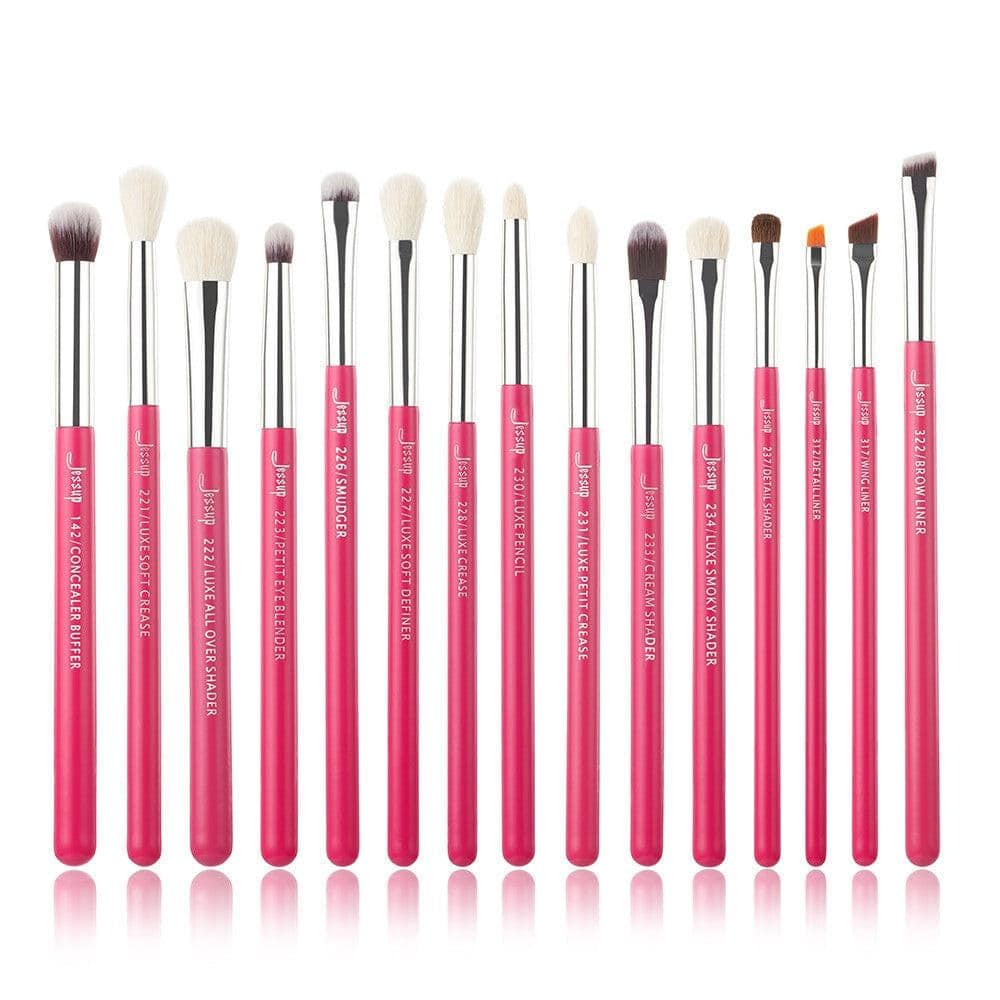 Jessup 15-piece eye makeup brush set with natural and synthetic bristles, including eyeshadow, eyebrow, eyeliner, and blending brushes in black.