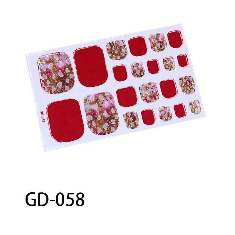 Full cover toe nail art sticker sheet by dev2-aff featuring dark pink glitter toenail decals for summer manicure style.