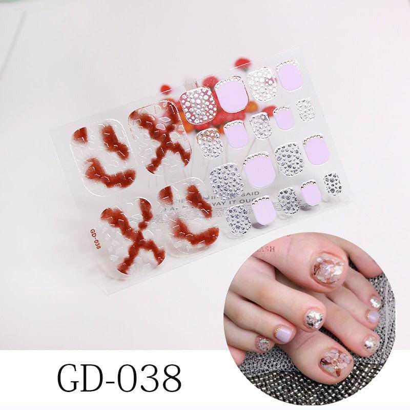 Full cover toe nail art glitter sticker sheet by dev2-aff with dark pink sparkling toenail decals for summer style manicure.