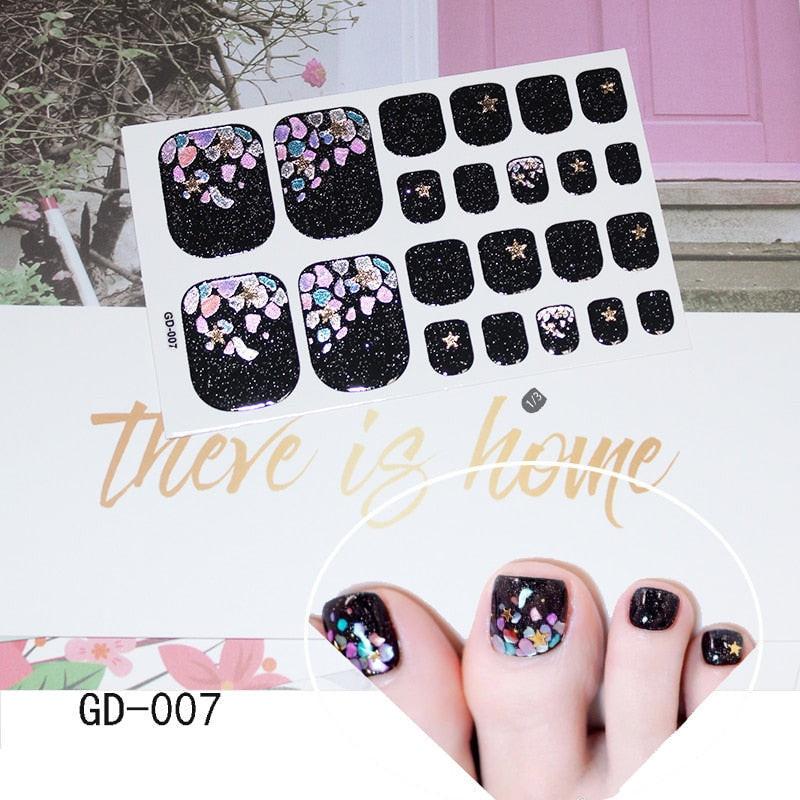 Full cover toe nail art glitter sticker sheet by dev2-aff, featuring sparkling dark pink toenail decals for summer pedicure style.