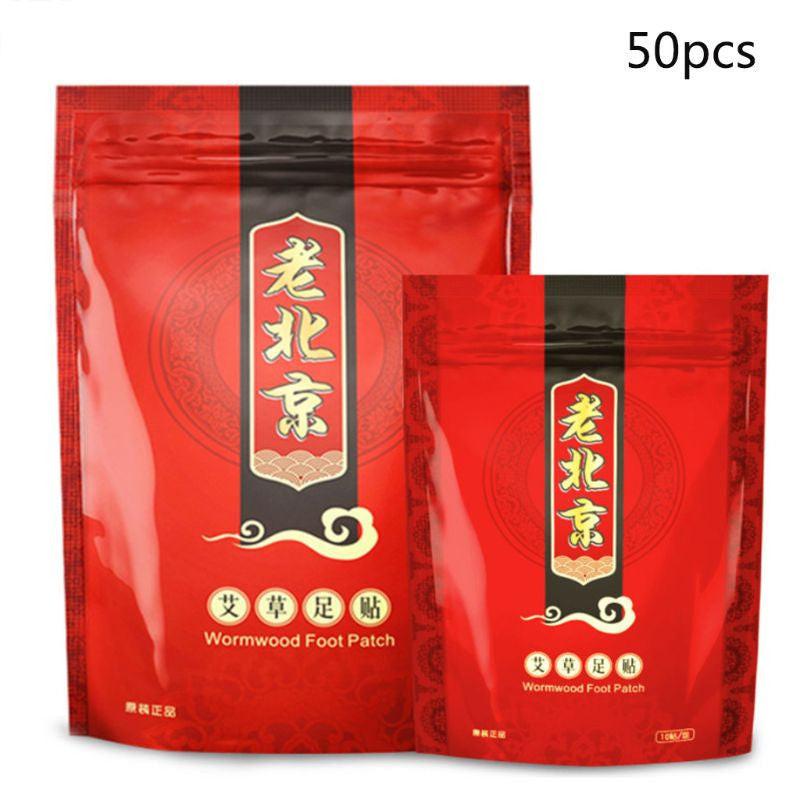 Set of 10 ginger wormwood foot patches for detox, anti-swelling, and pain relief, designed to improve foot comfort and stress relief.