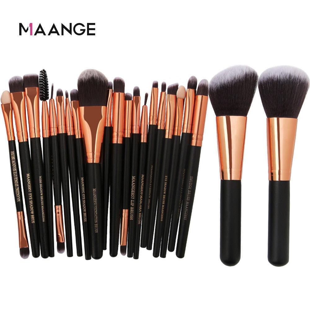 Set of 20/22/18 makeup brushes from dev2-aff including foundation, powder, eye shadow, and lip blending brushes in red and gold.
