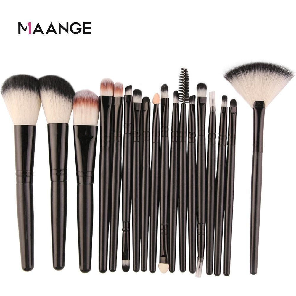 Red and gold MAANGE makeup brush set with 20, 22, and 18 pieces for foundation, powder, eyeshadow, and lip blending.