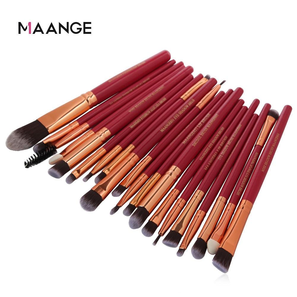 Dev2-Aff MAANGE 20/22/18 pcs makeup brush set with red and gold handles, includes foundation, powder, eye shadow, and lip blending brushes.