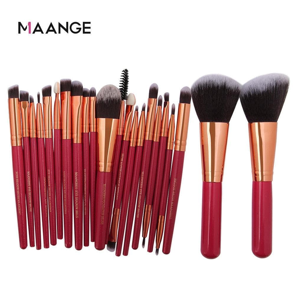 Red and gold MAANGE makeup brushes set with 20/22/18 pieces for foundation, powder, eyeshadow, and lip blending in a professional tool kit.