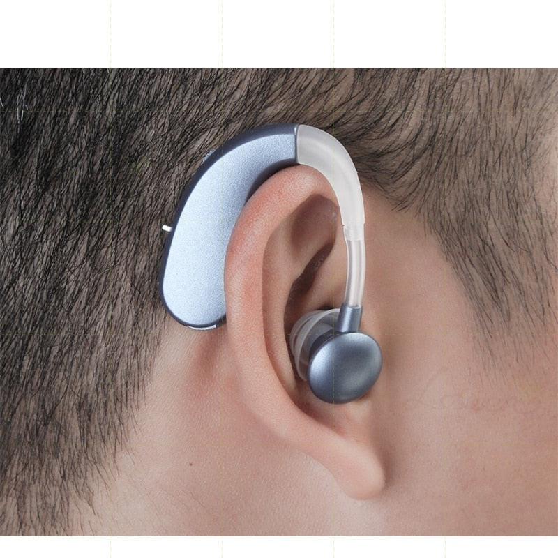Silver dev2-aff 202S hearing aid with rechargeable digital sound amplifier, wireless air conduction headphones for elderly ear care.