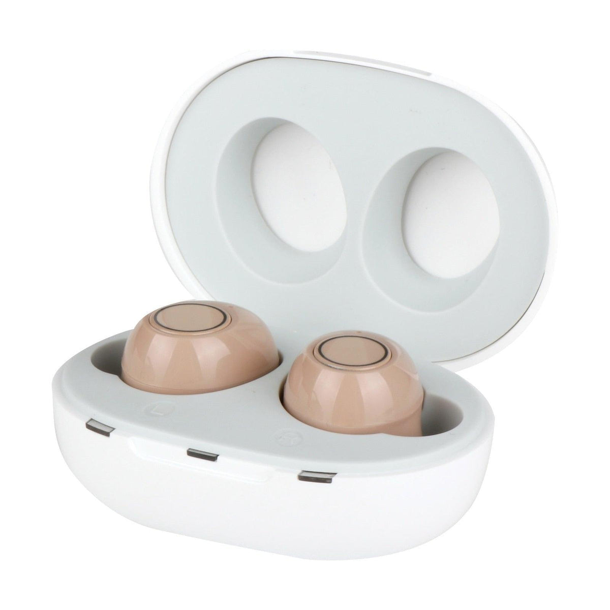 Pair of skin-colored USB rechargeable ITE hearing aids by dev2-aff, designed for sound amplification and discreet hearing support.