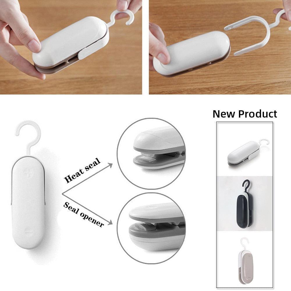White mini heat bag sealing machine from dev2-aff sealing plastic food bags and package closures for kitchen packing.