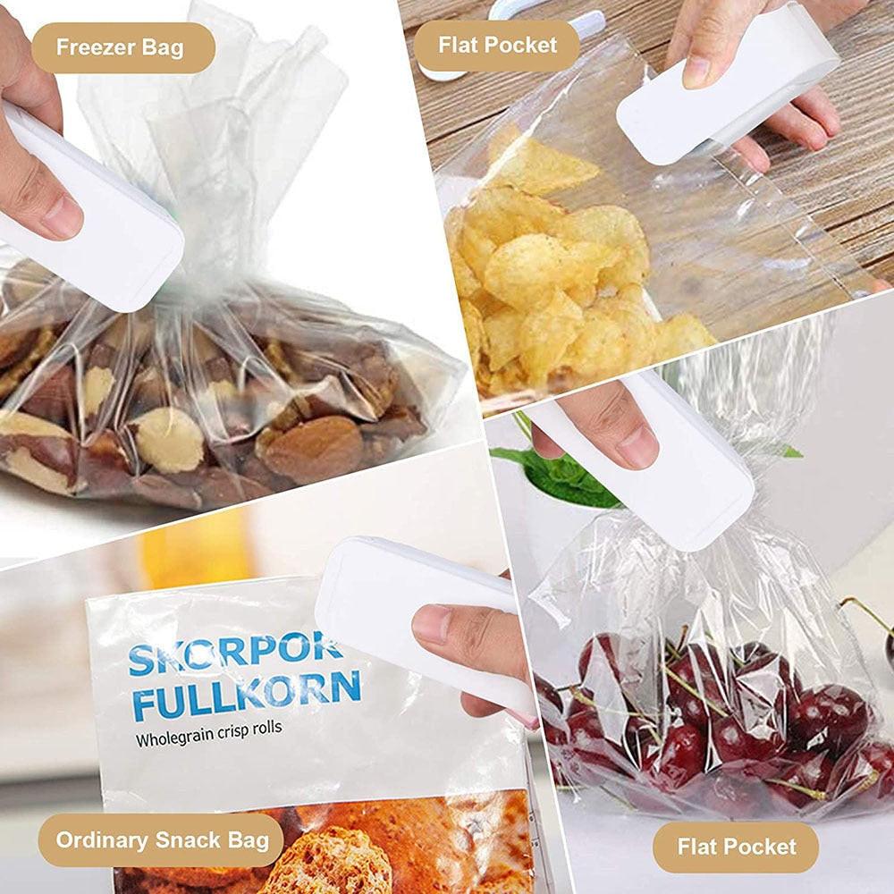 Dev2-aff mini heat bag sealing machine with sealer bags, portable plastic food bag closure for kitchen packing and sealing.