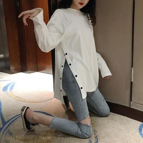 White and black oversized spring long T-shirt for women with split side buttons and O-neck, casual Harajuku style from dev2-aff.